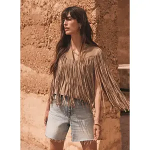 Mint Velvet Neutral Suede Fringed Waistcoat
